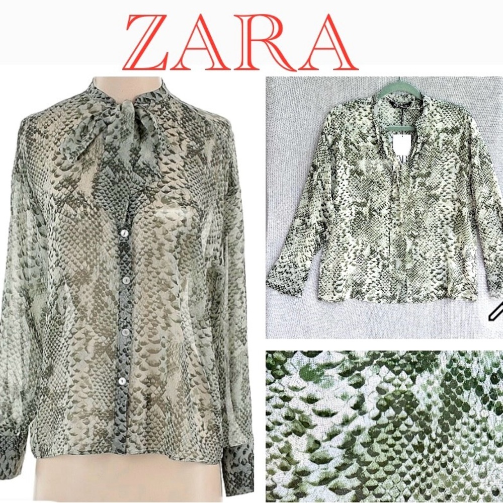 ZARA bow snake skin print semi sheer long sleeve blouse green size S